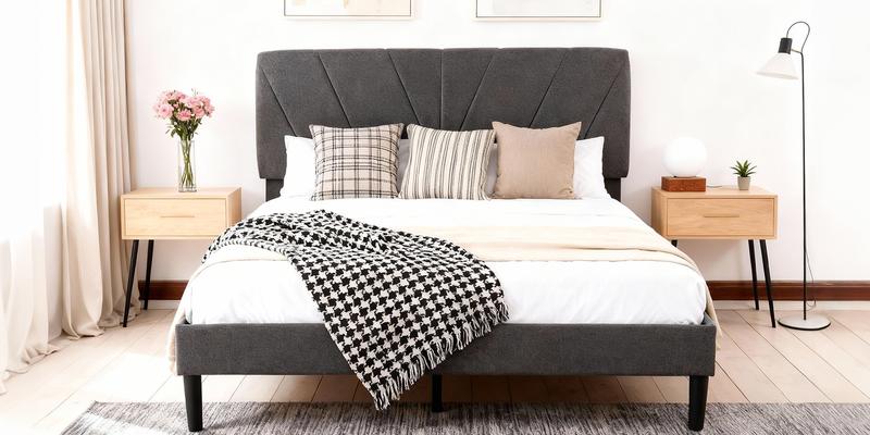 Bed Frame with Adjustable Headboard, Heavy Duty Platform & Reinforced Slats - No Box Spring, Grey