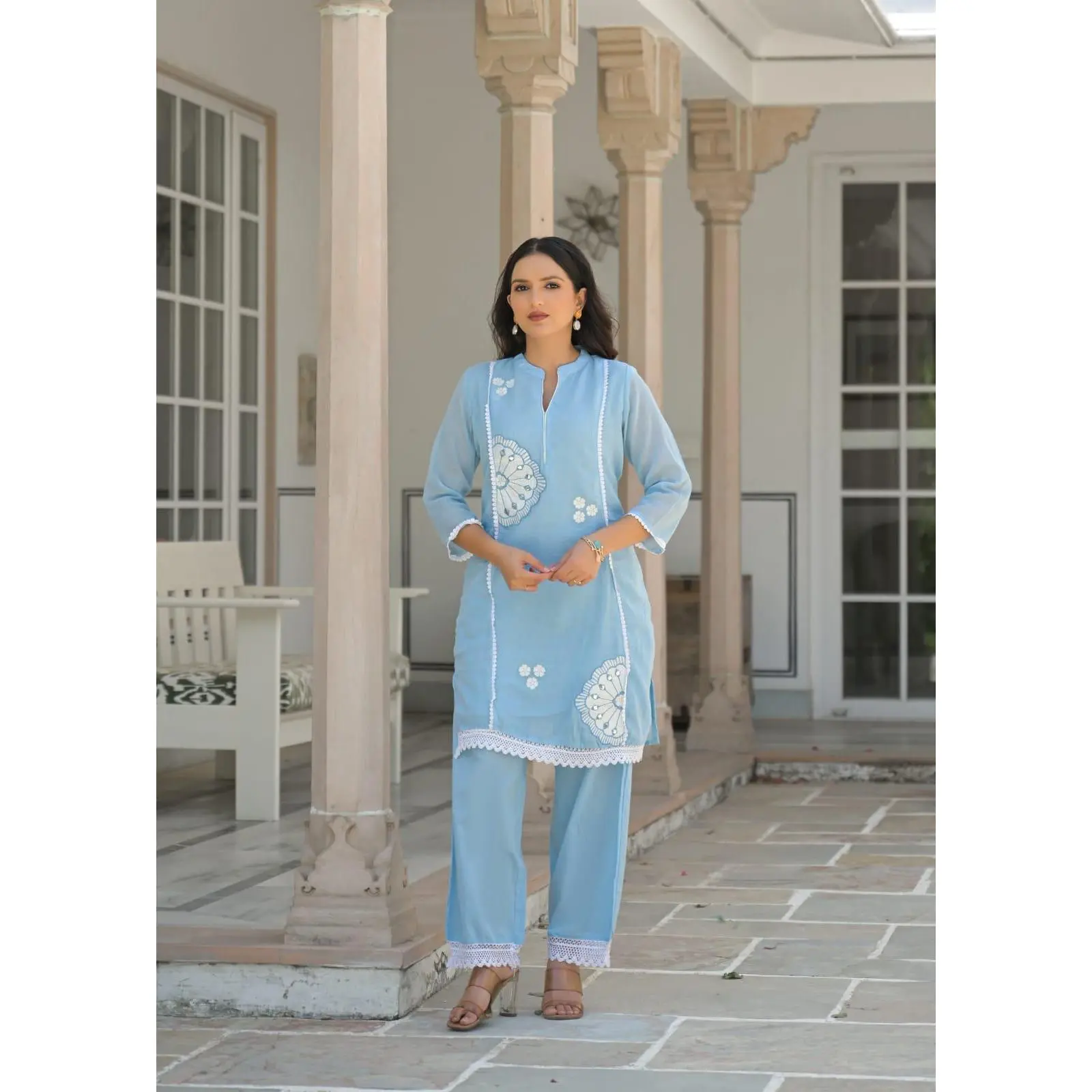 Sky Blue Mul Cotton Coord Set - Embroidered Kurti and Straight Pants