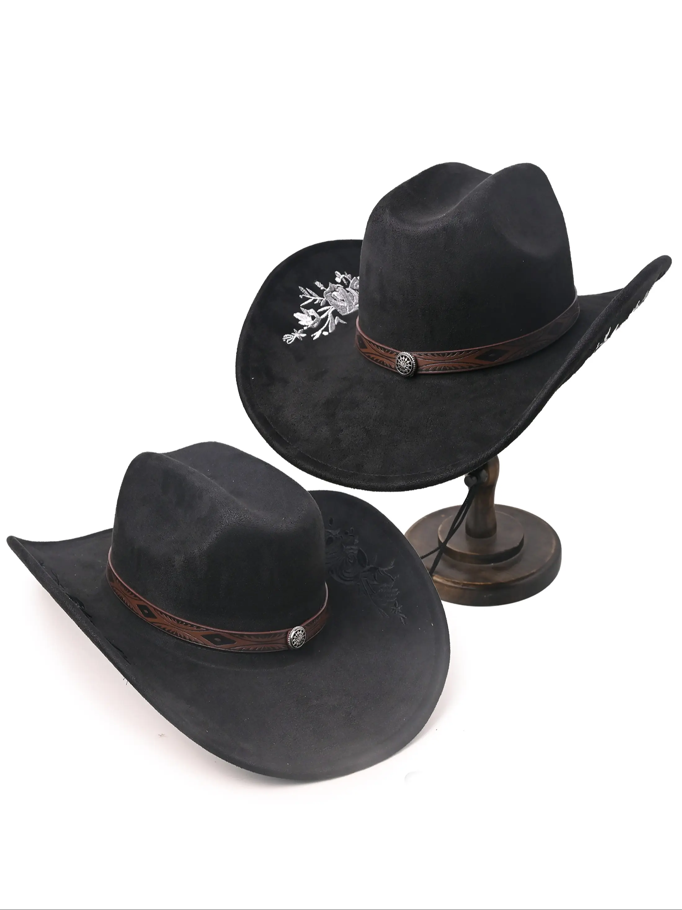 Unisex Western Cowboy Hat Wide Brim Felt Fedora Belt Buckle Retro Style Black Cowboy Cowgirl Hat Western Style Wide Brim Felt Fedora  main image 3