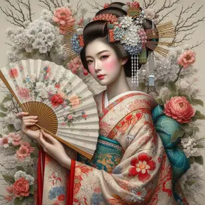 5D DIY Full Drill Round Diamond Painting - Diamond Art Kit Kimono Floral Fan Mosaic, Canvas - DIY Wall Art, Home Wall Decoration, Perfect for Halloween and Christmas, Independence Day, Birthday and Anniversary Gifts, Diamond Painting Kits