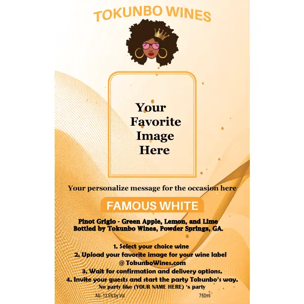 Tokunbo Wines Personalized Labels ONLY for Famous White Wine - Large 4x6 Inches for 750ml Bottles - Customizable Image Option