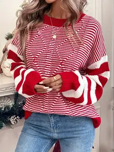 Women's Autumn Winter Fashion, Elegant Striped Knit Long Sleeve Pullover Sweater, Perfect for Christmas Festive Wear