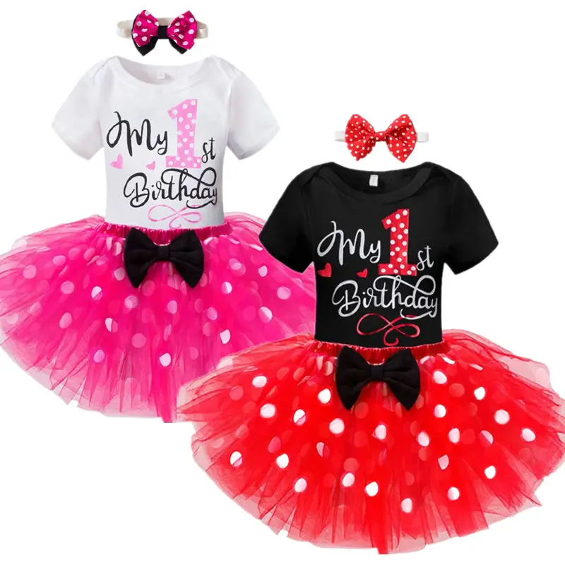 Newborn Infant 1st Birthday Suits "My 1st Birthday" Baptismal Clothes Romper+Tutu Skirt+Headband 3PCs Micky Minne Mouse Outfits