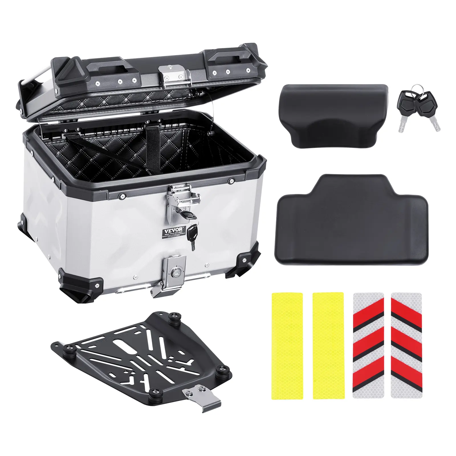 【summerfinds】VEVOR Motorcycle Top Case, Universal Aluminum Alloy Motorbike Tail Box with Leather Lining, 45L Waterproof Detachable Motorcycle Top Box with Lock & Back Cushion, Fit for 99% of Motorcycle Frames