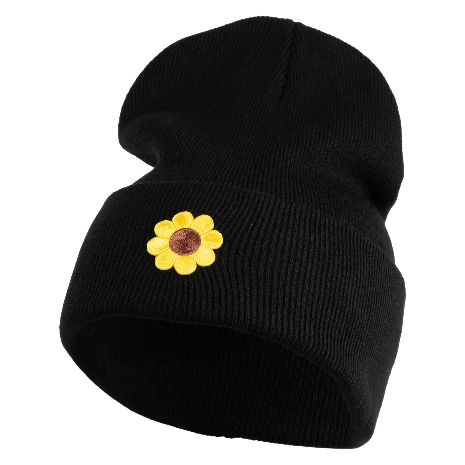 Cute Daisy Flower Embroidered Iron On Patched 12 Inch Long Knitted Beanie