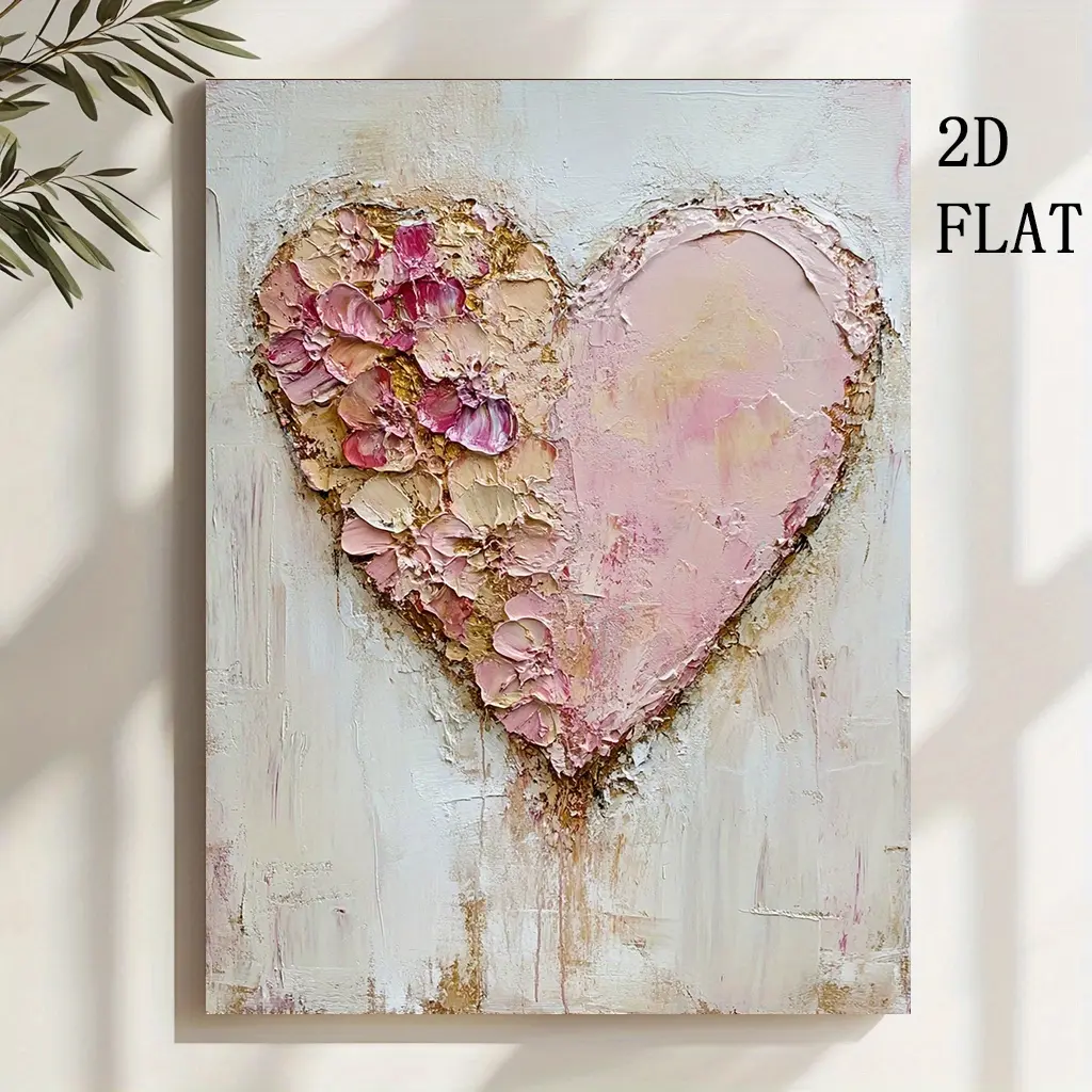 1-Piece Textured Abstract Heart-Shaped Canvas Wall Art with Wooden Frame, 2D Blush Pink-Beige Flower Plaid Design, 12"x16" Easy-Hook Edges, Valentine's Day Back to School Children's Day Gift for Kid Room Living Room Home Decor Poster Print