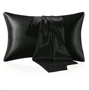 Black Satin Pillowcase 100 Percent Polyester 29 Length 19 Width Standard Size Breathable Machine Washable Cold Water Hair Skin Care Plain Design