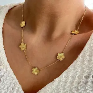 18K Gold Plated Stainless Steel Double Sided Chain Necklace for Women Five Flowers Clover Luxury Fashion Jewelry Accessories
