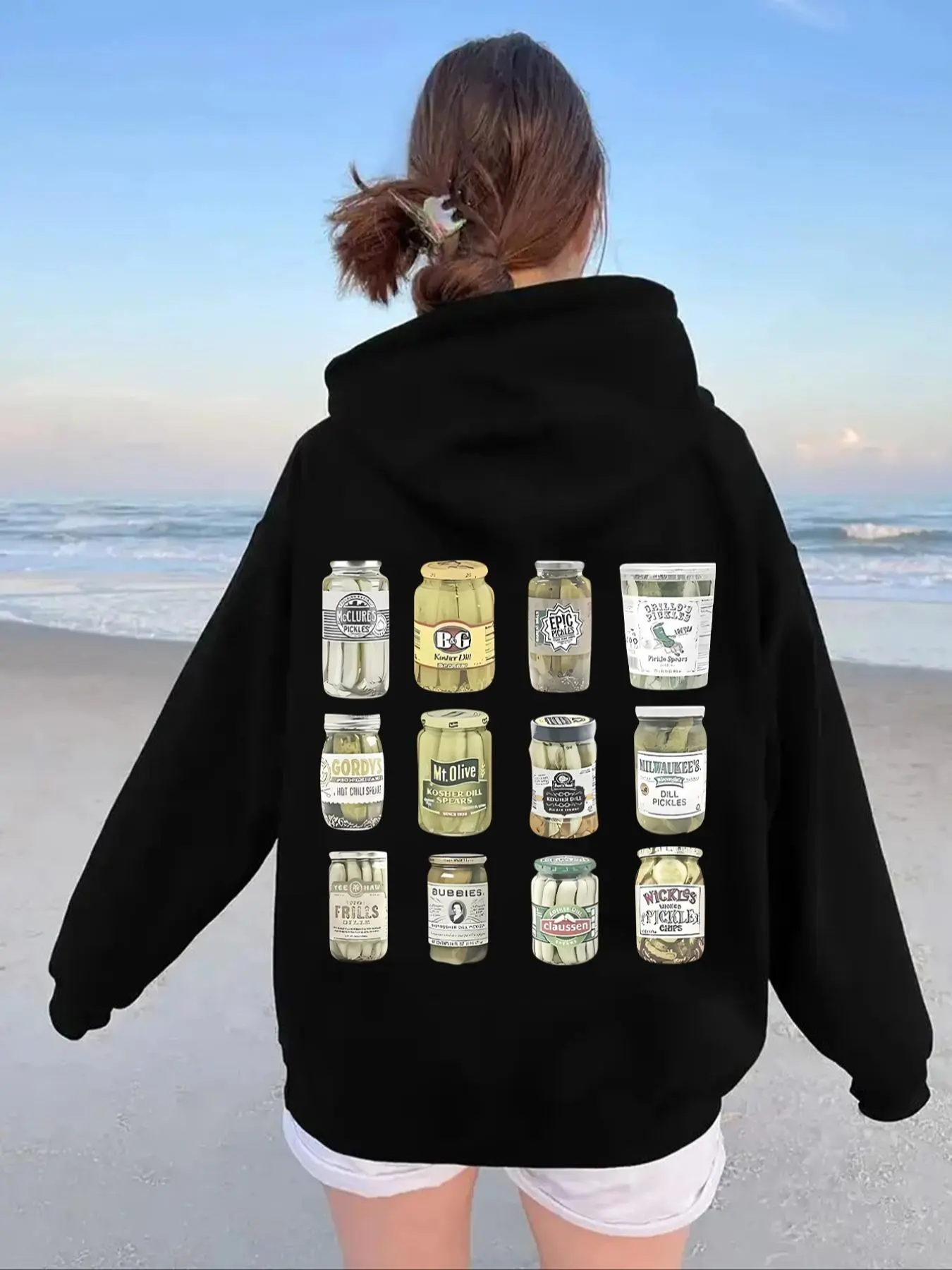 Women's Pickle Jar Graphic Drop Shoulder Hoodie, Fashion Casual Drawstring Pocket Hooded Sweatshirt for Daily Holiday Outdoor Wear, Women Clothing for Fall & Winter