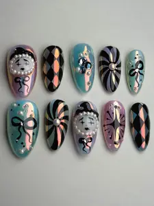 Gothic Harlequin Press On Nails | Mimecore Clown Pearl Aurora Black Chrome Set | Spiral Diamond Halloween Custom Nails