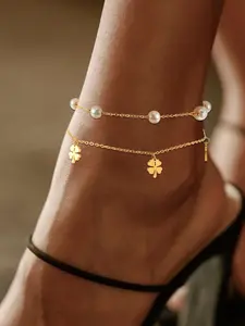 Faux Pearl Decorated Four Leaf Clover Design Anklet, Fashionable Tiered Layer Anklet for Women & Girls, Trendy Jewelry, Elegant All-match Fashion Accessories for Daily Wear