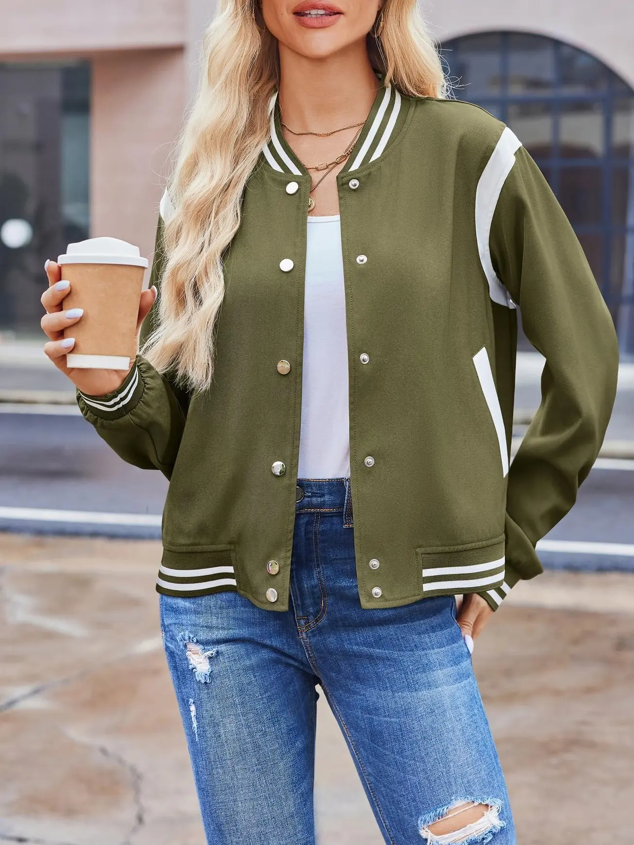 Zeagoo Women's Casual Collared Colorblock Bomber Jacket - Lightweight Snap-Front Polyester Blend Outerwear, Long Sleeves, Pockets, Medium Length, Work-Ready Biker-Inspired Tops, Fall Fashion