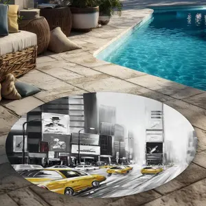 360 stand Round Shape Outdoor/Indoor Rug - 5x5 ft, Weatherproof, Printed Face, Urban Look, Times Square & Yellow Taxis Scenic Gray City Scene Decor for Patio/Balcony, Car-Themed Area Rugs, Contemporary Decorative Rug, Home Decor Rugs