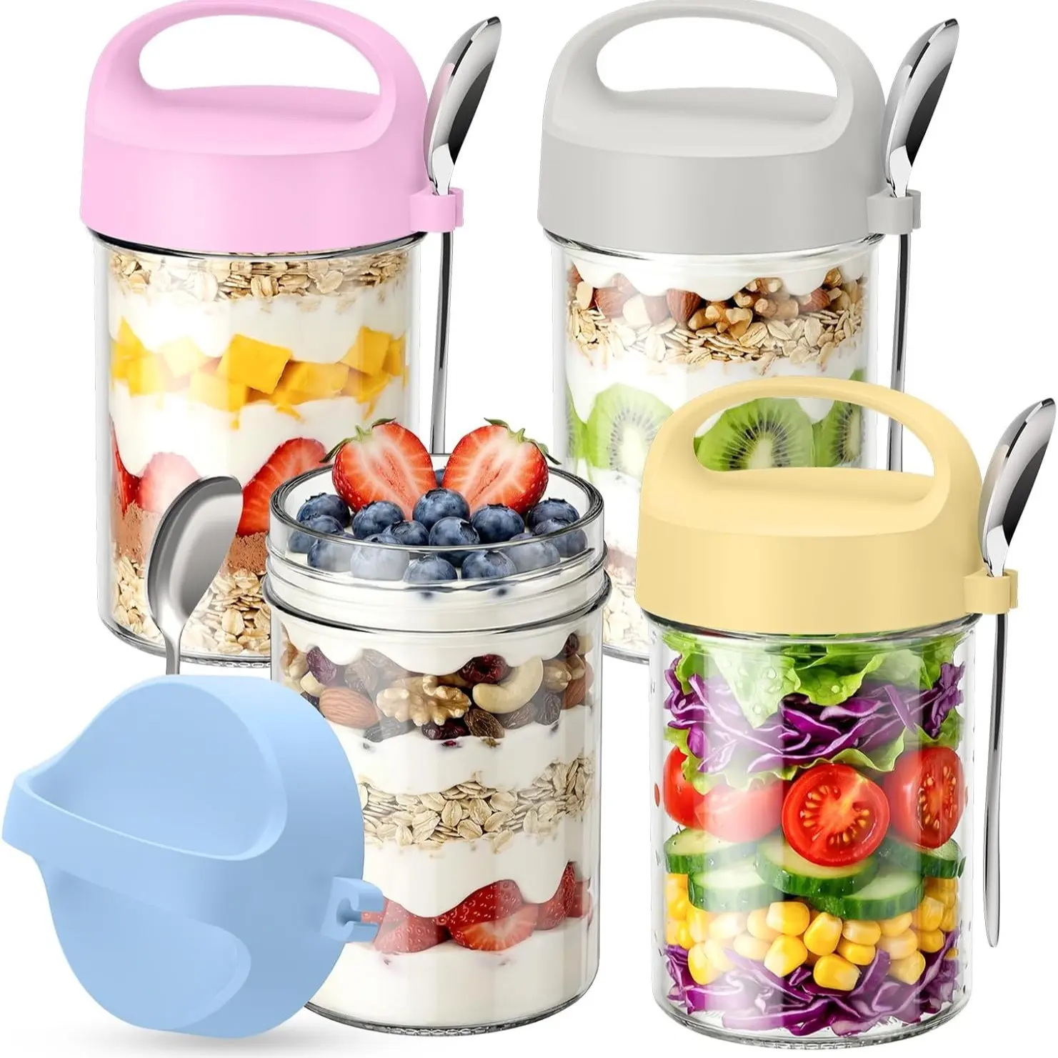Overnight Oatmeal Container with Lid and Spoon, 4-Pack Glass Storage Containers, Food Containers with Lids, Reusable Sealed Lid for Yogurt, Cereal, Fruits, Vegetables