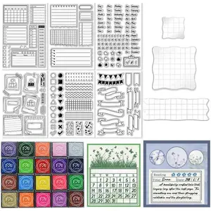 29 Pcs Journal Stamps for Crafting Card Making Supplies Set Include 3 Acrylic Clear Stamp Blocks, 6 Clear Silicone Stamps Seals, 20 Craft Ink Pads Calendar Planner Stamp for DIY
