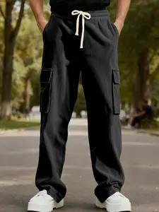 Men's corduroy drawstring stripe workwear wide-leg pants with large pockets on both sides, soft and comfortable fabric, suitable for daily wear in and winter, urban commuting, outdoor activities, etc.