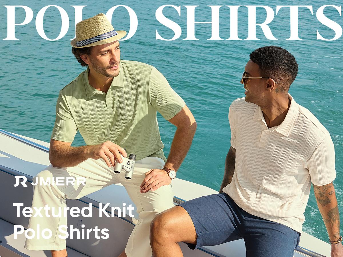 JMIERR 2026 Mens Casual Knit Polo Shirts Stretchy Old Money Textured Short Sleeve Dress Golf Shirts