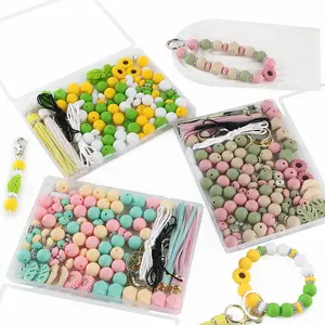 119PCS Boxed Pink Mint Sunflower Leaf Silicone Focal Beads,Round Beads Lentil Beads Tassels Keychain Kitsfor Keychain Making