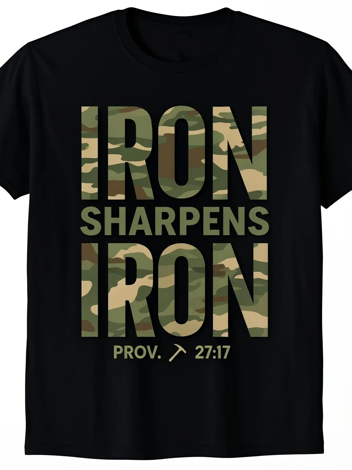Christian Men's Camo Workout TShirt Featuring The Phrase 'Iron Sharpens Iron' Made from in Black with a Round Neck And Short Sleeves Suitable for Casual Wear in Any Season MachinRetro Casual Short-sleeved T-shirt with a Round Neck and Printed Pattern