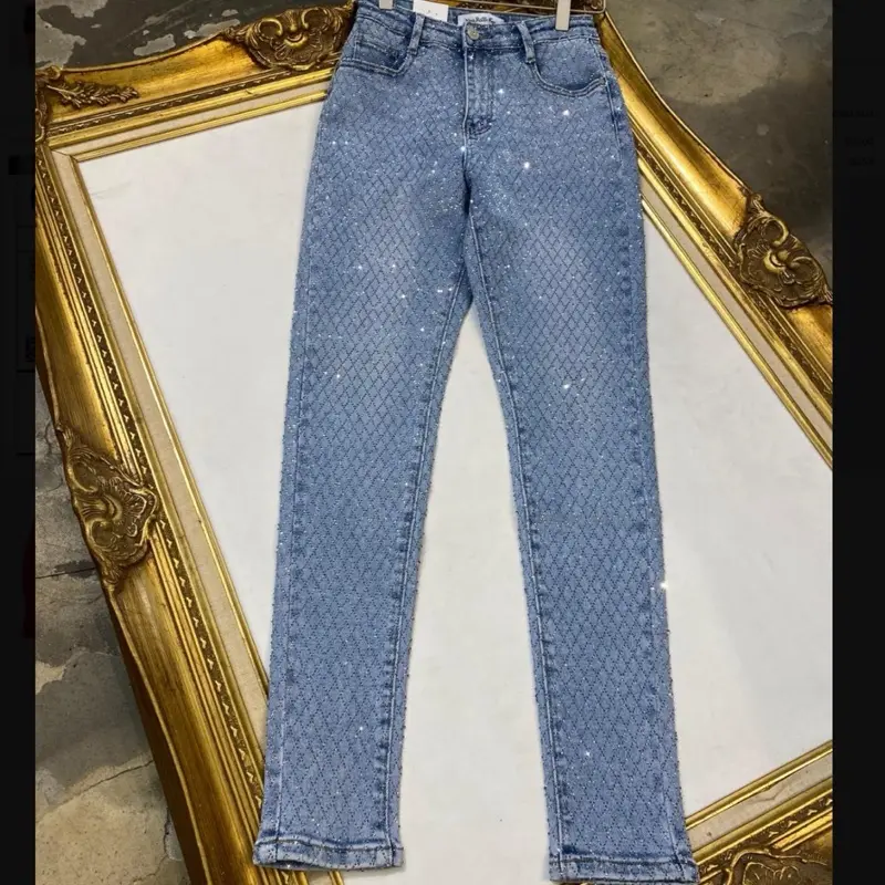 Ruby09-Skinny Denim Jeans with Full Embellishment Rhinestones High Waist Slim Fit Women's Fashion