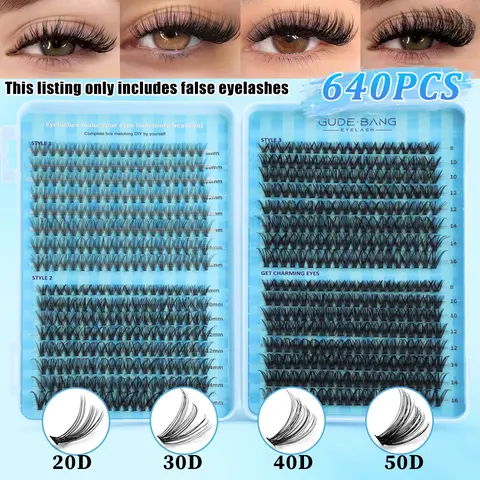 640pcs False Eyelash Extension Set, High Capacity, Fluffy Volume Eyelashes, 20D/30D/40D/50D, D Curl, Fluffy, DIY, Daily Use, Party, Travel, Gift, Makeup, Voluminous False Eyelashes
