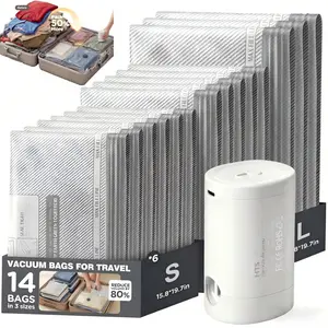 14 Pack Travel Vacuum Compression Storage Bags with Rechargeable Cordless Electric Pump, Portable Space Saver Bags for Luggage Suitcase Clothes Blankets Waterproof Reusable Carry-on Organizer