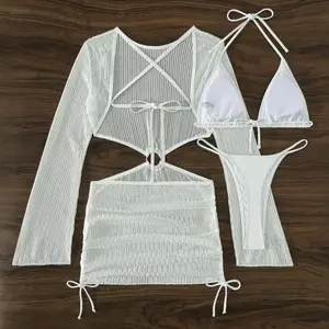 3Pcs/Set Women Bikini Set Halter Bra Lace-up Swimsuit Set With Mesh Yarn Cover Up Dress Solid Color Knitted Swimwear Women