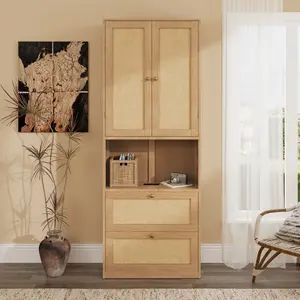 2 Doors Bookshelf with USB Port and 3 Drawers Side Cabinet Storage Shelves, Natural