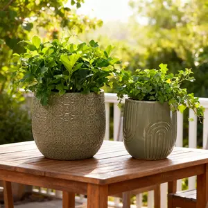 14.5" & 11" Outdoors Catherdal Ceramic Pot Set of 2 L:14.5X14.5X13.75 M:11X11X12.25 Olive Hand-crafted for Stylish Planting