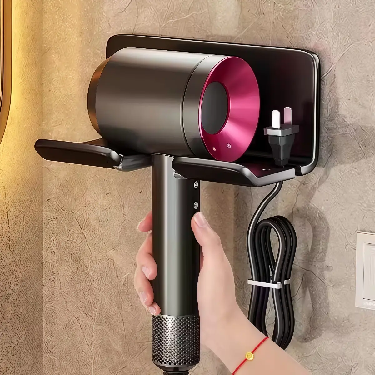 Wall Mount Blow Dryer Rack - Tangle-Free Cord Organizer, Humidity Resistantm,No-Drill, No-Hassle Blow Dryer Rack,Strong Adhesive Mount, Holds Dryer Securely, Lasting Durability