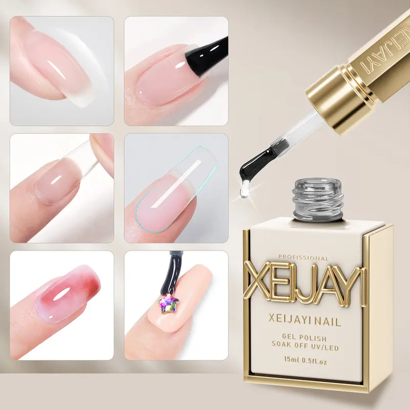 XEIJAYI Single Item 6-in-1 Alcohol-Free Nail Polish Gel, 15ml TPO & HEMA-Free Multifunctional Cosmetic - Acrylic Base Gel, Self-Leveling Builder, Glossy Top Coat, Soak-Off LED Formula for DIY Manicure