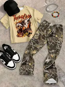 Youth Boy Fashion Two-Piece Set, Round Neck T-Shirt & Bell Bottoms Pants, Casual for Summer and Fall, Trendy Kids Clothing, Youth Kits, Loose Fit Set