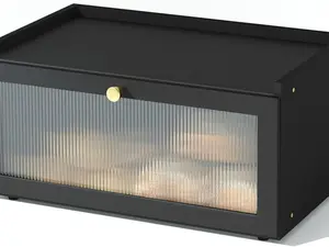 Black Bread Box for Kitchen Countertop - Large Modern Bamboo Bread Storage Container with Window.