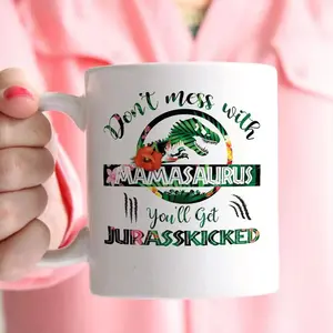 Jurasskicked Mamasaurus Dinosaur Coffee Mug, 11oz & 15oz Premium Glossy Ceramic Cup, Cute Fun Dinosaur Themed Design for Mom, Hilarious Novelty Mama Drinkware, Adorable Jurassic Style Graphic Print
