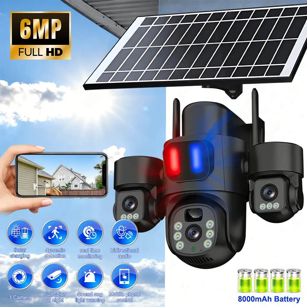6MP Outdoor Solar Security Camera with Triple Lens, 8000mAh Large Battery, 3-Angle Simultaneous Monitoring, Red-Blue Light Siren Alert, Motion Push Alert for Home, Garage, Garden CCTV Systems