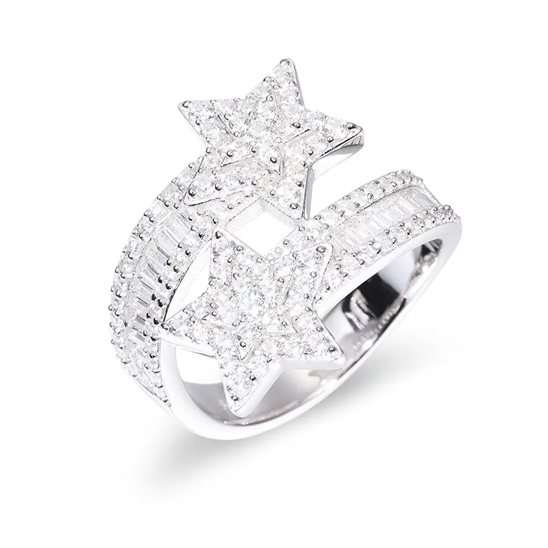 【#R297】UCCIYO 925 Sterling Silver Synthetic Moissanite Star Rings For Women Luxury Bling Iced Out Bright Stars S925 Wedding Engagement Party Gift