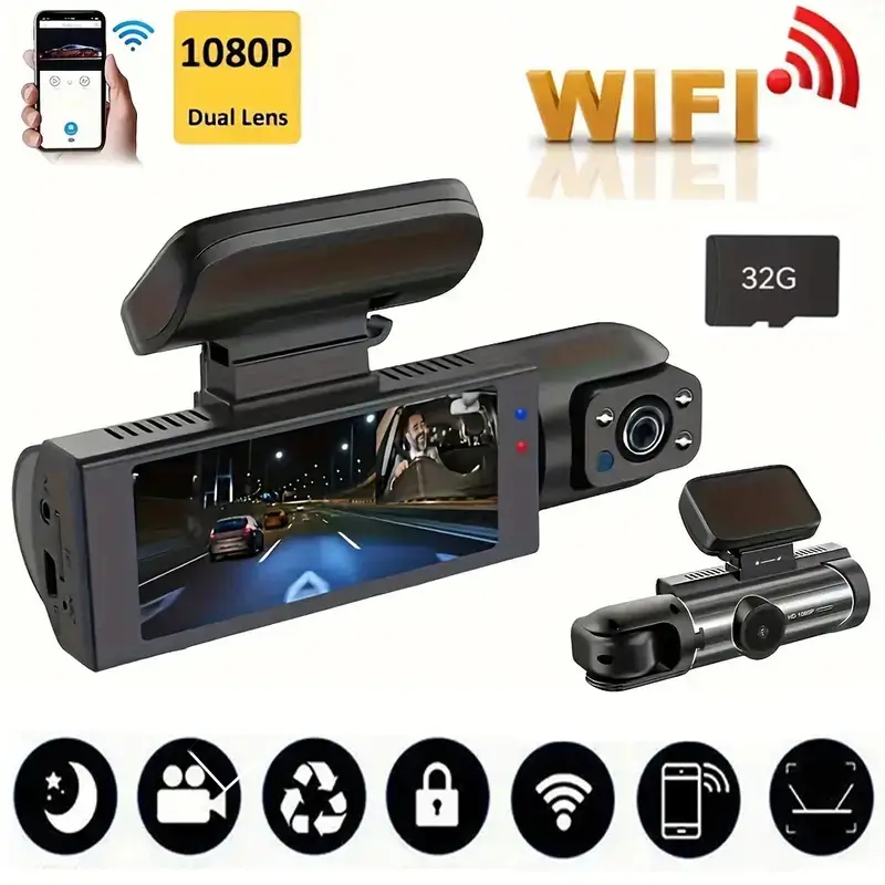 Front & Rear Dashcam, With WI-FI,1 Count Dash Camera for Car, Wide Angle Car Driving Recorder with IR Night-Vision G Sensor, 3.16 Inch IPS Screen 1080