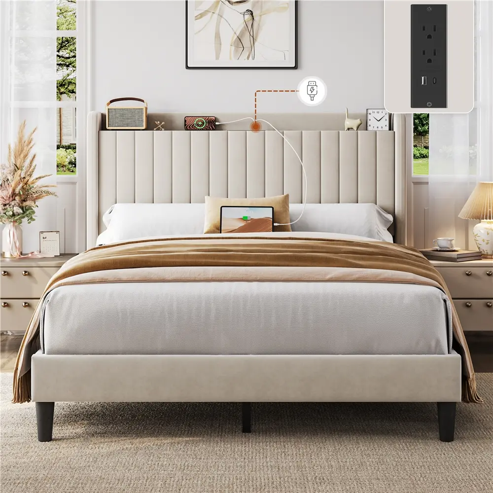 Yaheetech Full/Queen Size Velvet Upholstered Bed Frame with Headboard, Charging Ports, Storage Shelf, 800 lb Weight Capacity, No Box Spring Needed, Platform Apartment Furniture for Full Size Bed