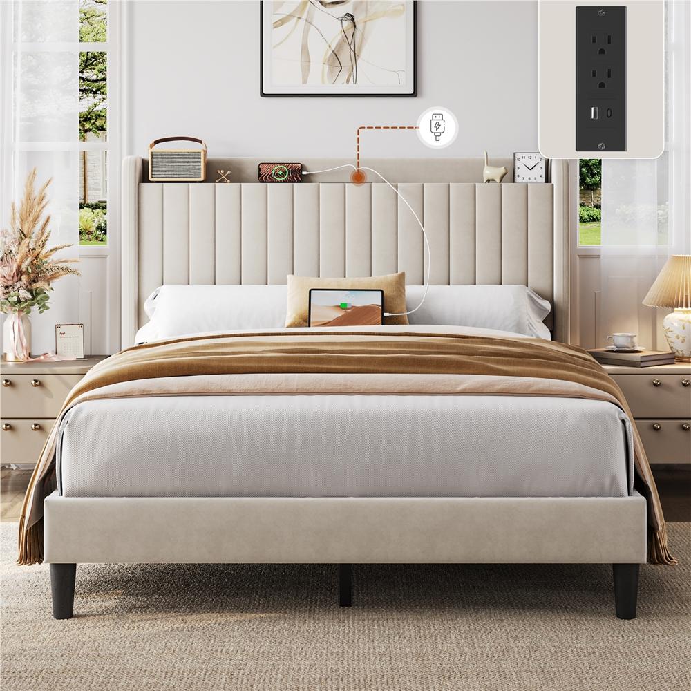 Yaheetech Upholstered Bed Frame Full/Queen Velvet with Charging Ports, Storage Shelf, 800 lb Maximum Weight Capacity, No Box Spring Needed