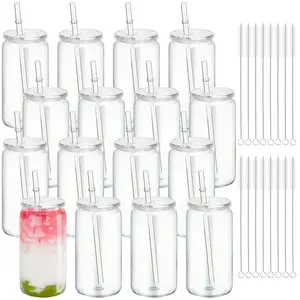 HILAKE 16pcs 16oz transparent single-wall plastic travel cups (includes straw, straw brush, and lid), portable, DIY, easy to clean, reusable juice bottles, coffee cups, camping cups—suitable for gifting, parties, everyday use, office, birthdays, Easter, V