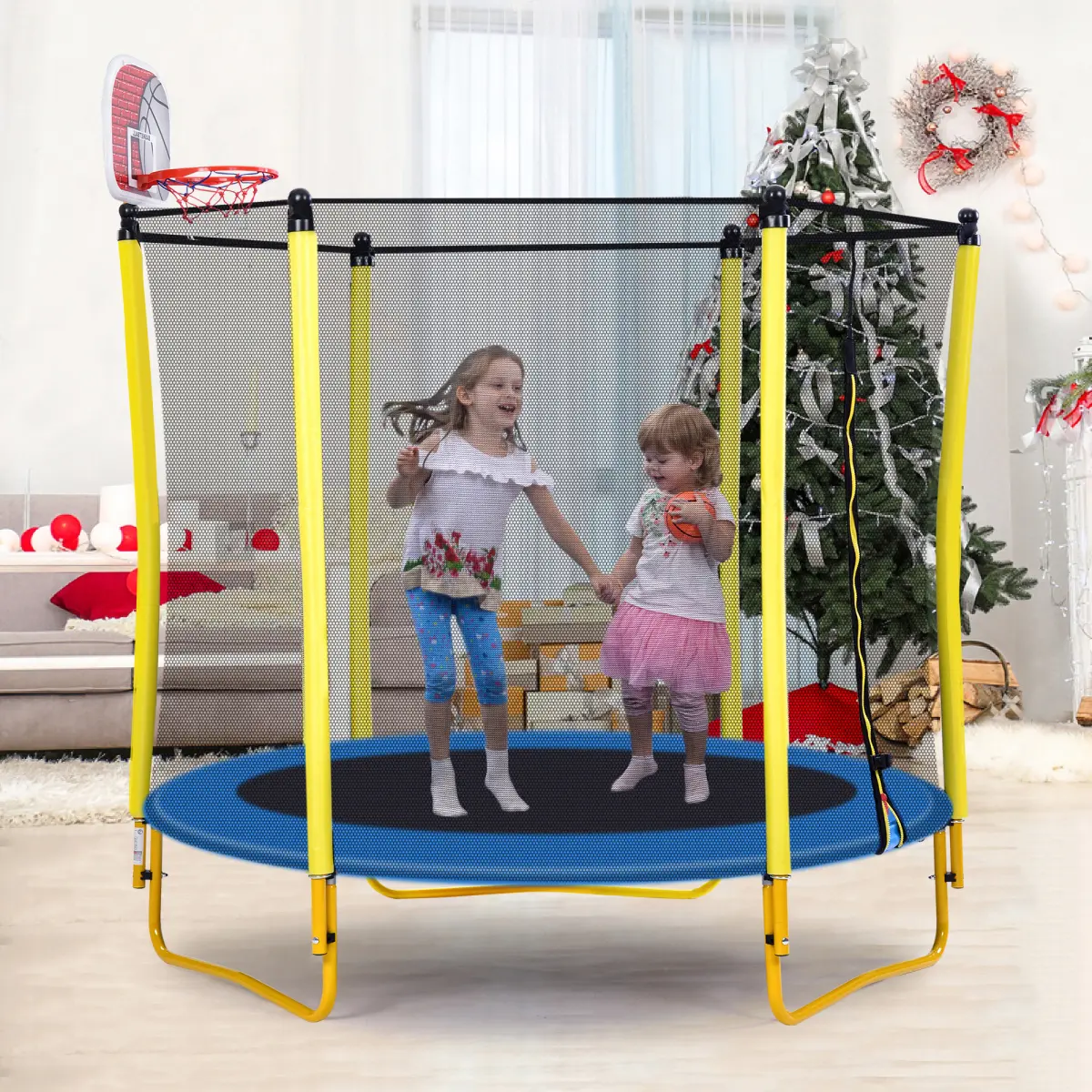 5.5FT Trampoline for Kids - 65" Outdoor & Indoor Mini Trampoline with Enclosure, Basketball Hoop and Ball Included