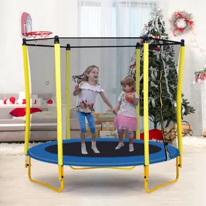 5.5FT Trampoline for Kids - 65" Outdoor & Indoor Mini Trampoline with Enclosure, Basketball Hoop and Ball Included