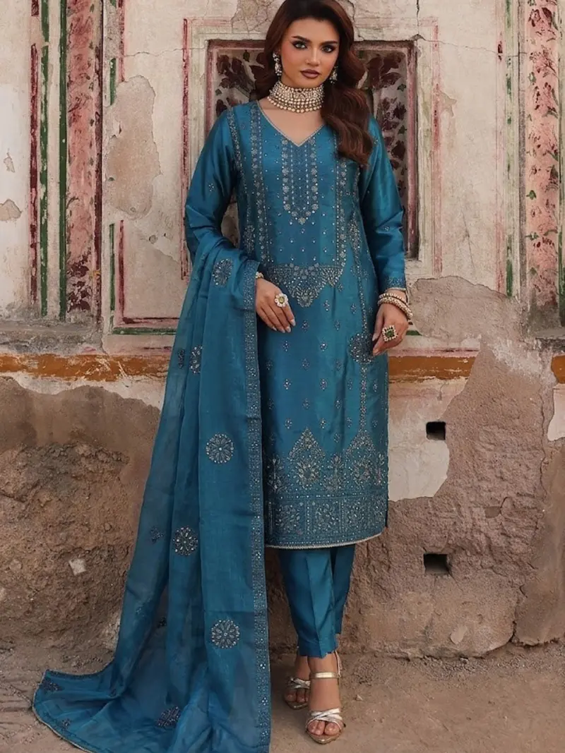 open lace back dress Heavy Embroidered Lawn Dress with Organza Dupatta (DZ15757) – DressyZone.com main image 0