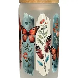 Sublimation Frosted Glass Cups with Decal Wrap Featuring Butterfly and Floral Design on Bamboo Lid