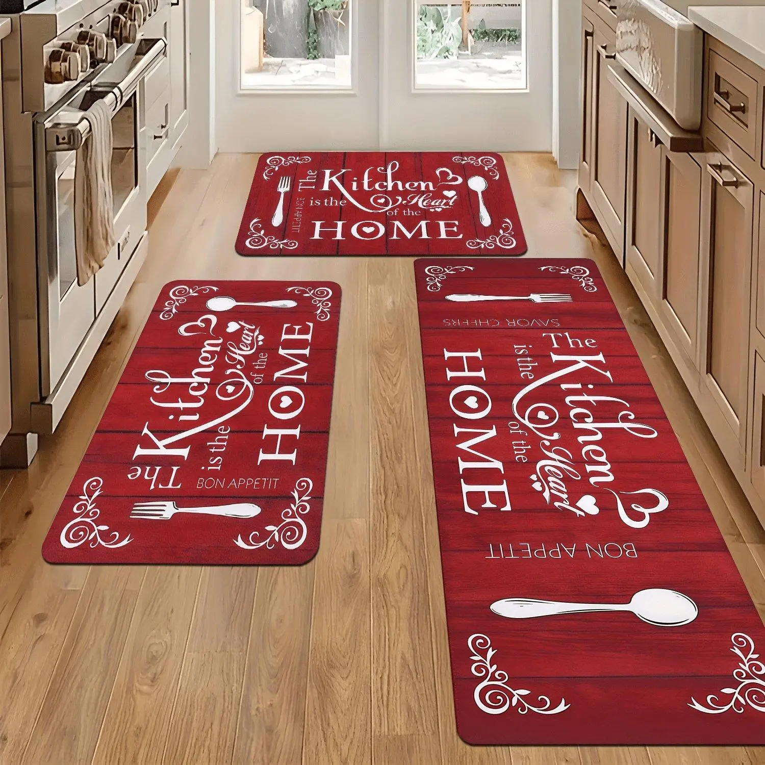 1pc "The Kitchen Is The Heart of The Home" Tableware Pattern Floor Mat, Red And White Farmhouse Style, Non-Slip Soft Polyester Flannel, Easy-To-Clean, Suitable for Dining Room, Hallway