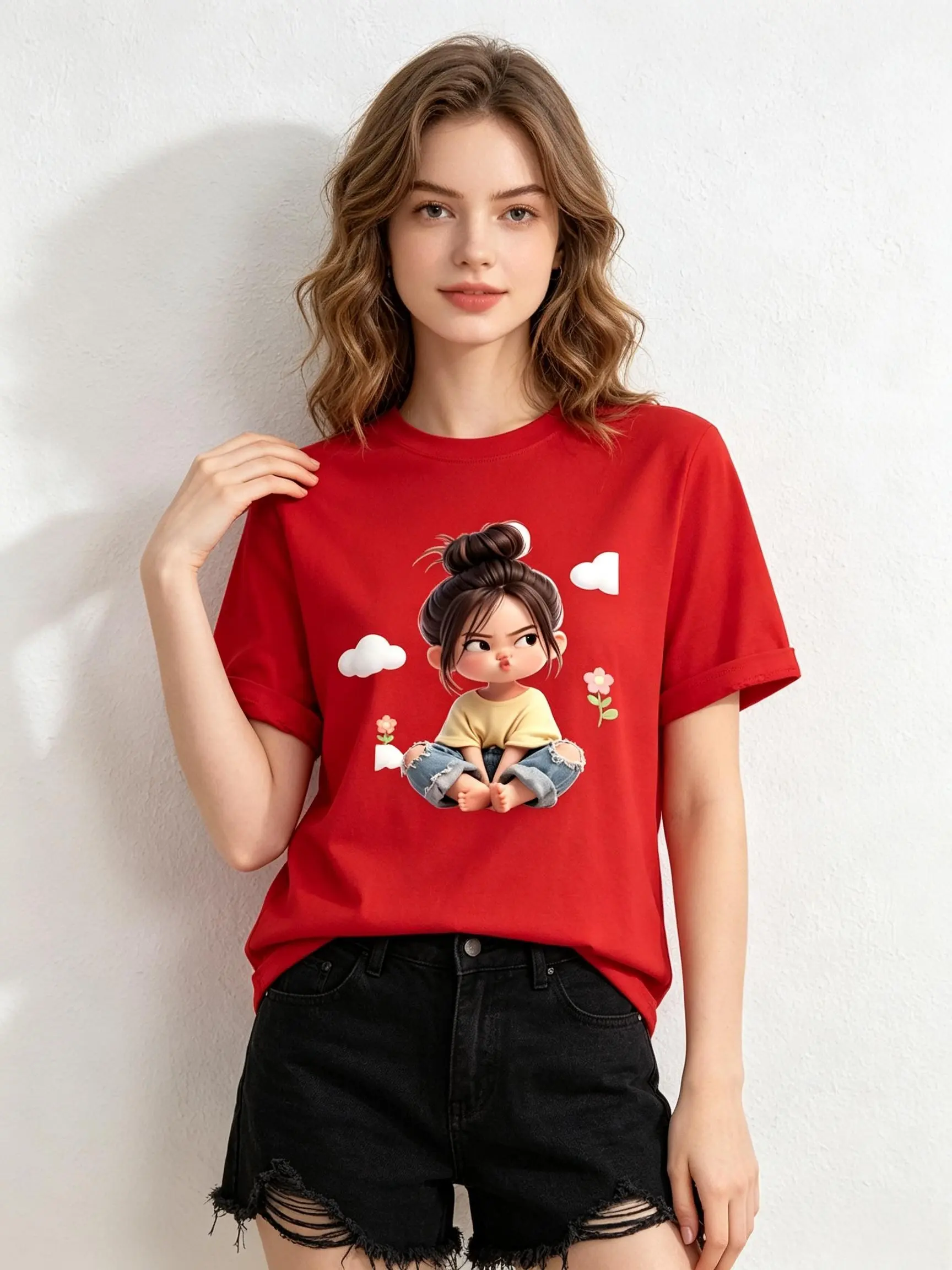Women's Premium Cotton Cartoon Girl & Clouds Graphic T-Shirt - Short Sleeve Crewneck, Fitted, Elastic, Comfortable, Blush Pink Aesthetic, Lady Casual Girly Tops, Valentine's Day Colorful Cartoon Style Beach Tee