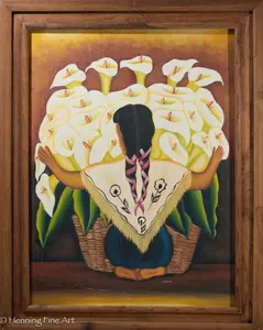 Beautiful Vintage Spanish Oil Painting of Girl w/ Cala Lilies after Diego Rivera