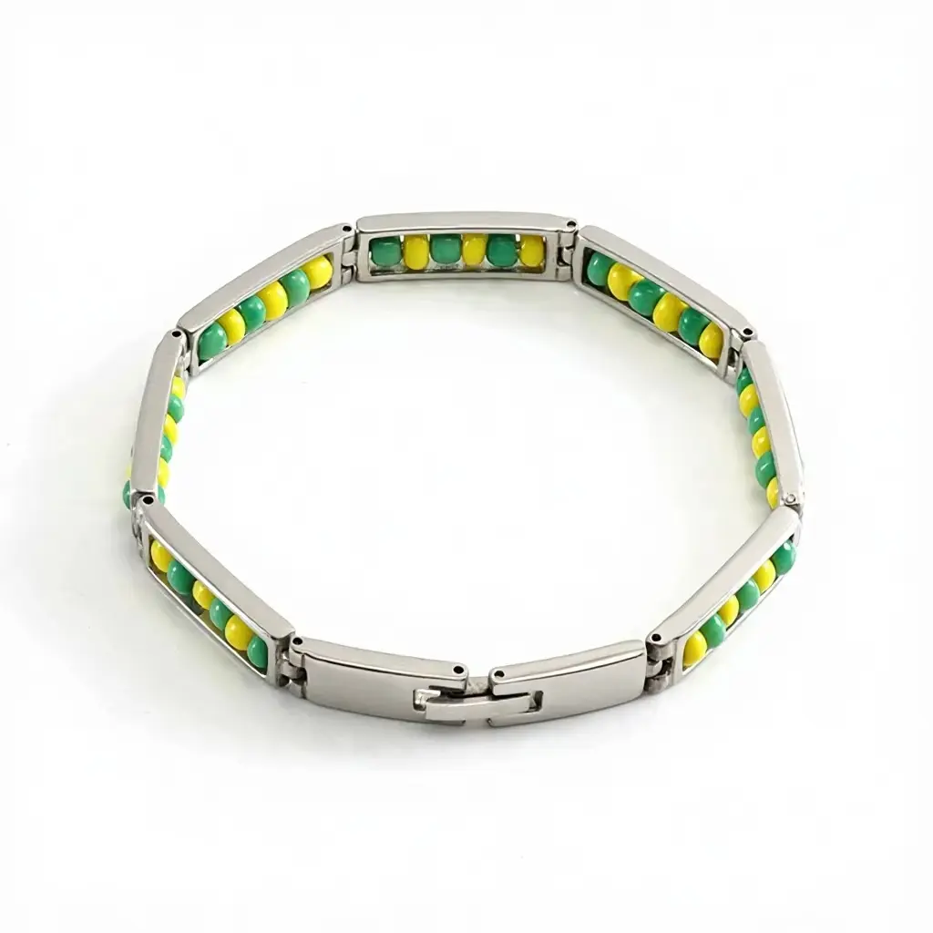 Stainless Steel Bracelet Babalawo Green and Yellow Beads Amulet Protection Orula Bracelet Unisex