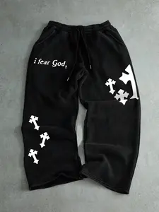 Trendy Street Style Drawstring Sweatpants, Cross Print, Casual Fashion, Comfortable Fit, All Occasion Wear, Home & Outdoor, Sports Casual Pants, Athleisure Style Bottoms