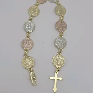 SAINT BENEDICT bracelet Gold-plated three colors 7 ½inches coins style religious design